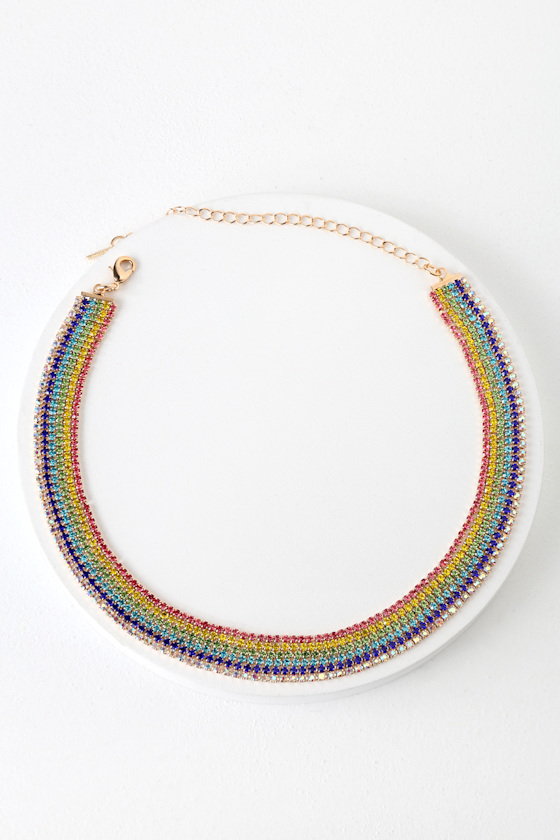 Angelique Gold and Rainbow Rhinestone Layered Choker Necklace 2