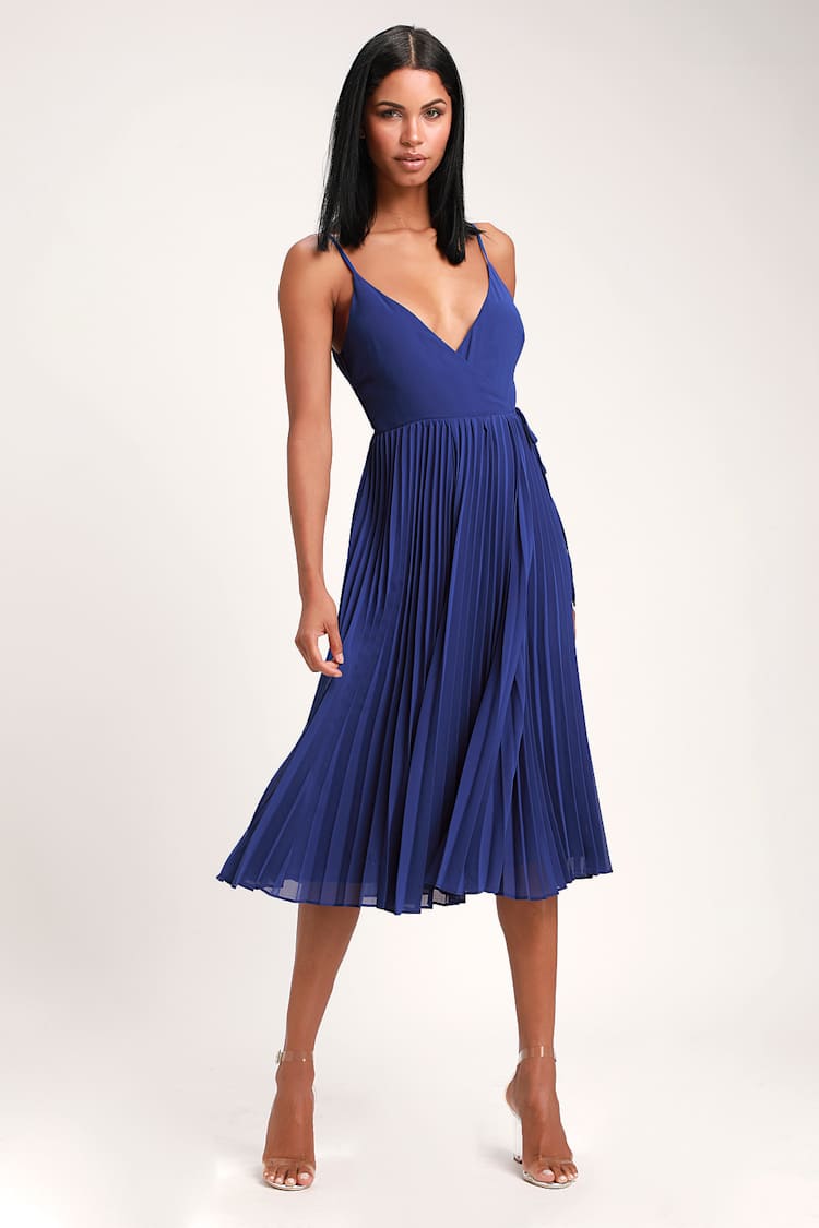 knee length dresses for ladies Flutter Sleeve Pleated Wrap Midi Dress for Women Mid-Calf Length – Anna-Kaci