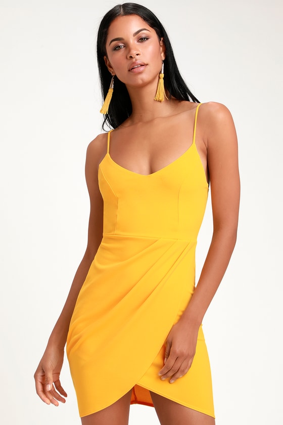Sexy Yellow Dress Bodycon Dress Wrap Dress Mini Dress Lulus