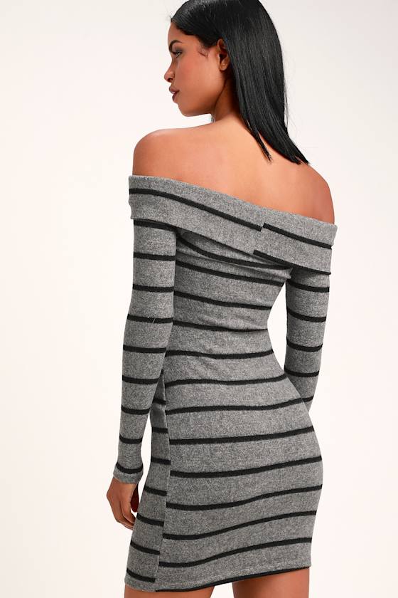 Nella Charcoal Grey Striped Off-the-Shoulder Sweater Dress 3