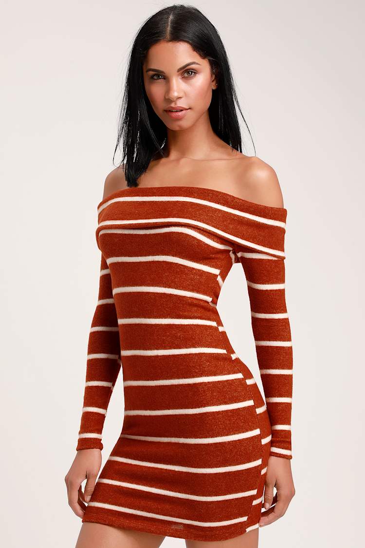 orange off the shoulder sweater dress Tia Knit Off Shoulder Sweater Dress