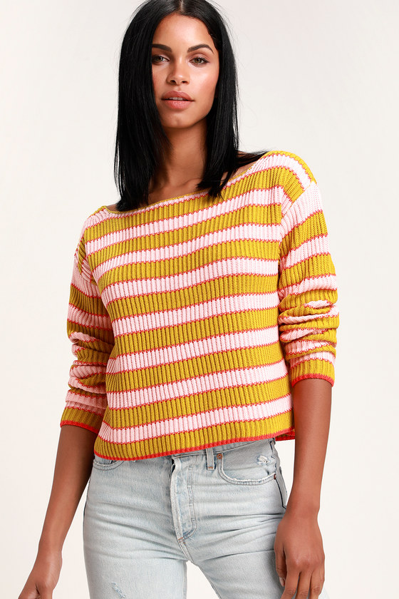 Pink and Mustard Yellow Striped Sweater - Cropped Sweater - Top - Lulus