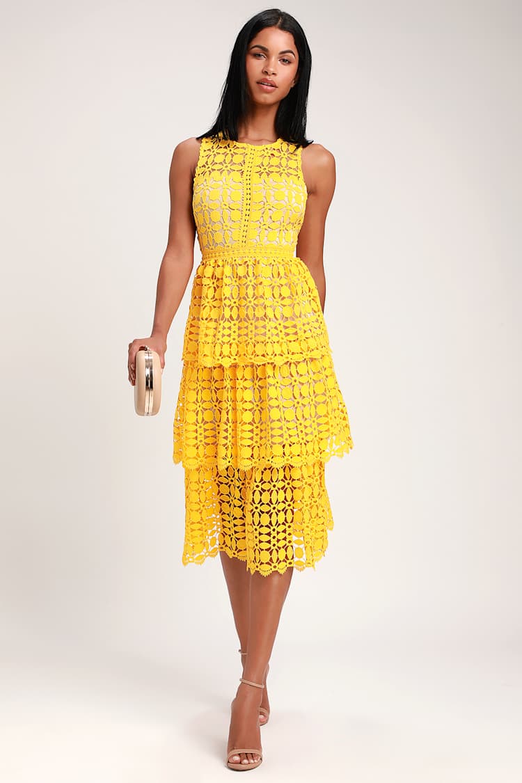 Larissa Yellow Crochet Lace Sleeveless Midi Dress