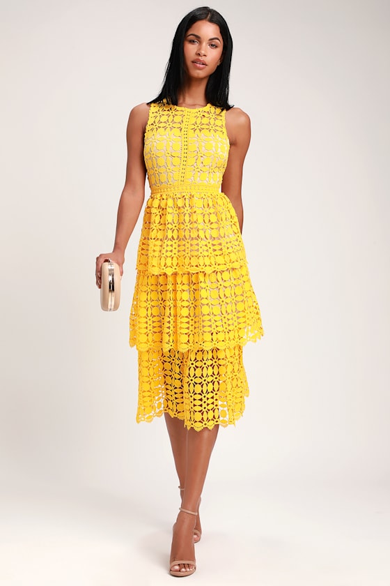 Larissa Yellow Crochet Lace Sleeveless Midi Dress 1