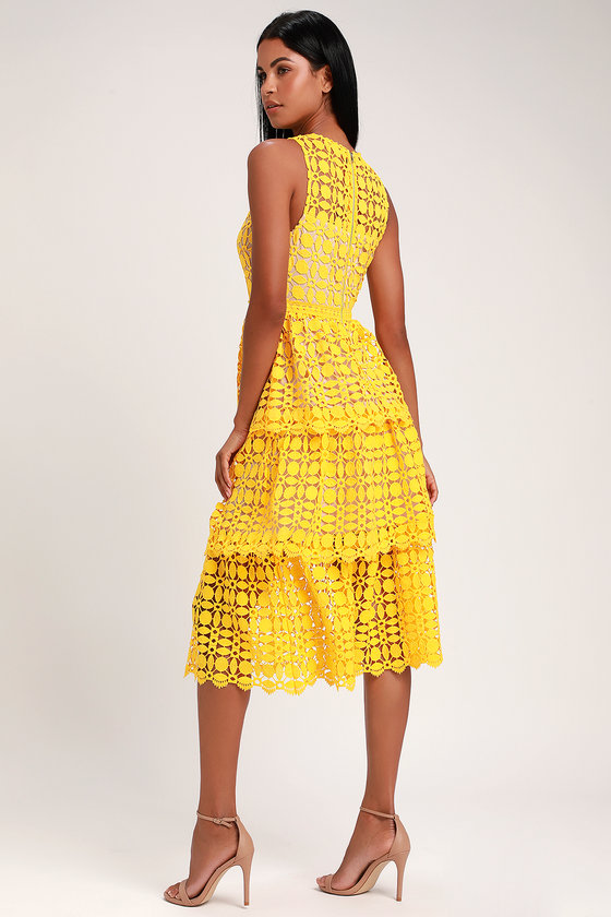 Yellow Dress - Crochet Lace Dress - Sleeveless Midi Dress