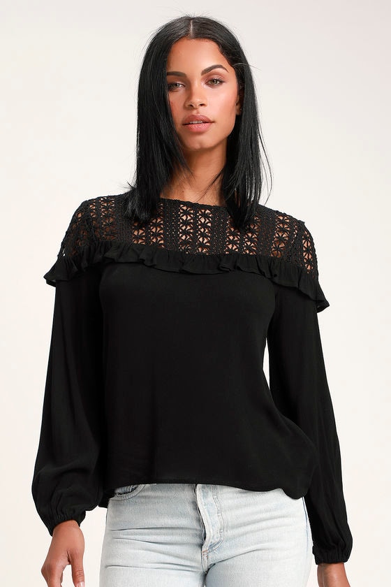 Cute Black Top - Crocheted Lace Top - Long Sleeve Top - Top - Lulus