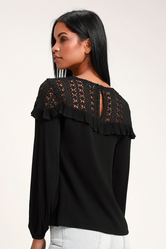 Cute Black Top - Crocheted Lace Top - Long Sleeve Top - Top