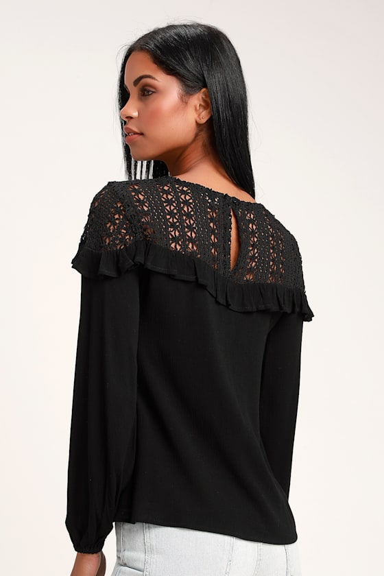 Avola Black Crochet Lace Ruffled Long Sleeve Top 2