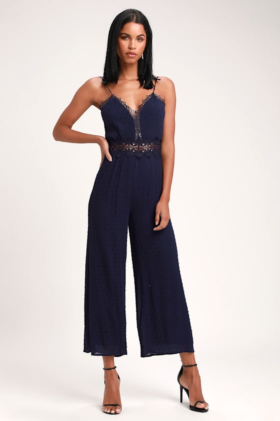 Leeta Navy Blue Swiss Dot Lace Wide-Leg Jumpsuit 2