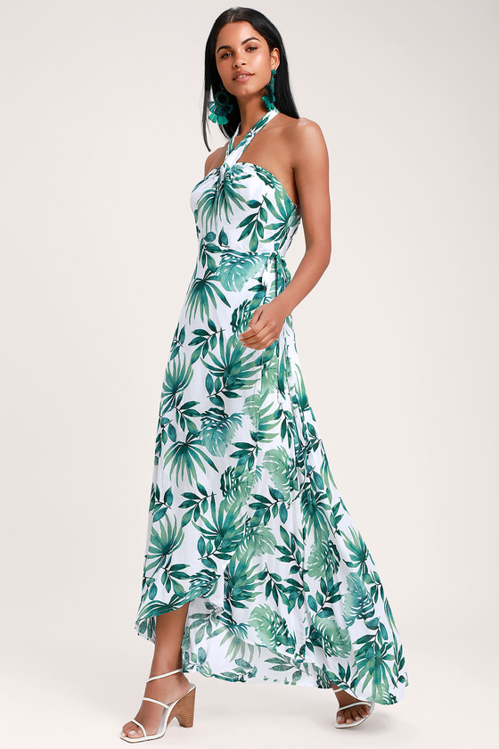 Marisha White and Green Leaf Print Halter Wrap Dress