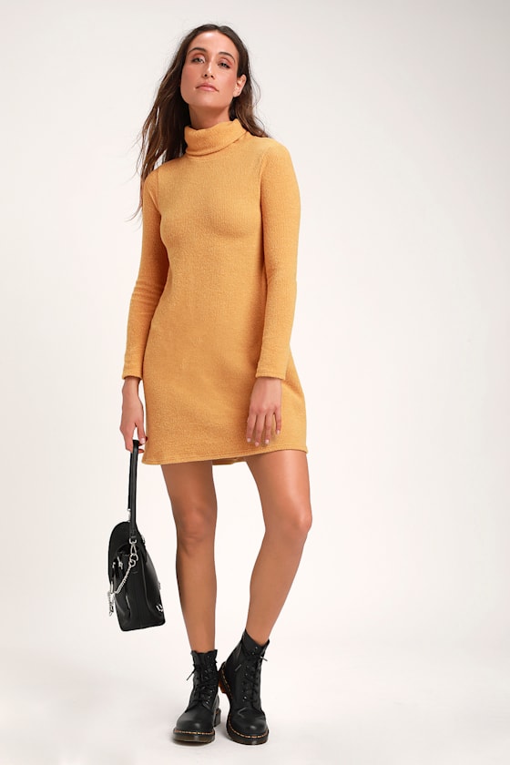 Cute Mustard Yellow Sweater Dress Long Sleeve Turtleneck Dress Lulus