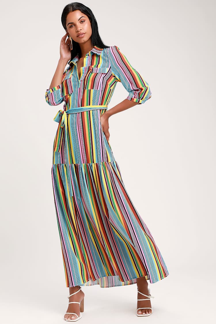 COLORFUL CONTRAST STRIPED STRAP MAXI DRESS