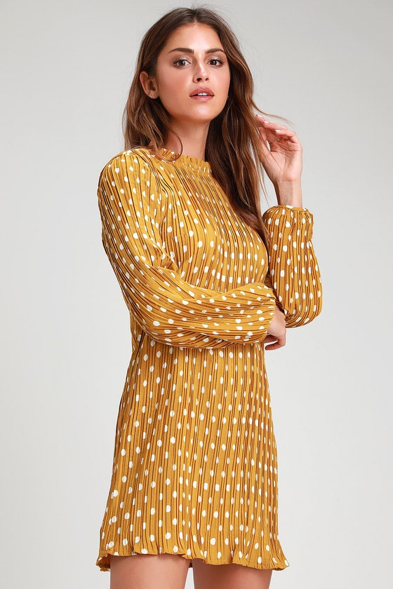 Pleat to Meet You Mustard Polka Dot Long Sleeve Shift Dress 8