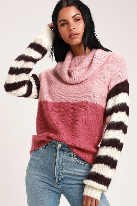 LOST INK - Pink Multi Stripe Sweater - Striped Cowl Neck Sweater - Lulus