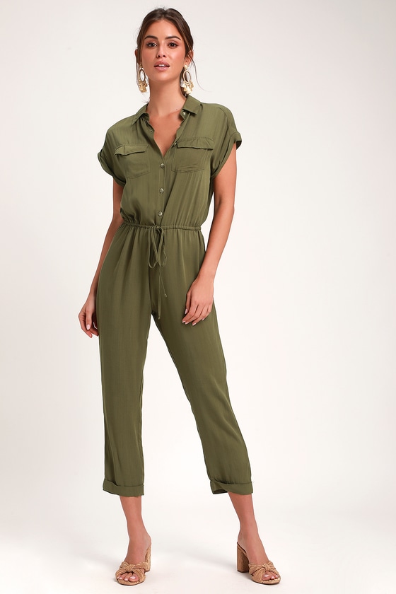 Shela Olive Green Button-Up Drawstring Jumpsuit - Lulus