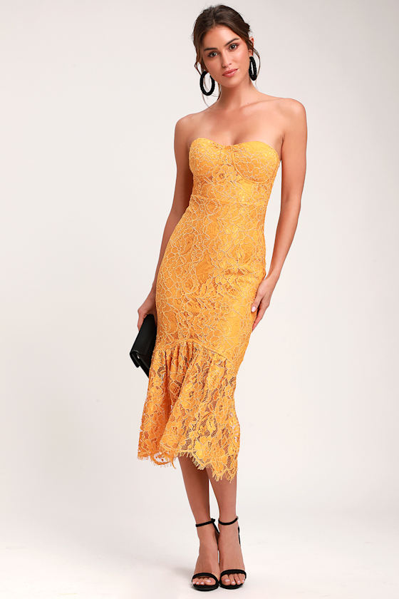 Divine Nights Golden Yellow Lace Strapless Midi Dress 2