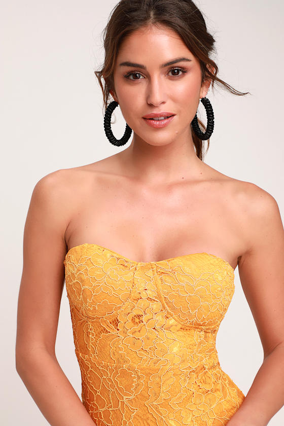 Divine Nights Golden Yellow Lace Strapless Midi Dress 1