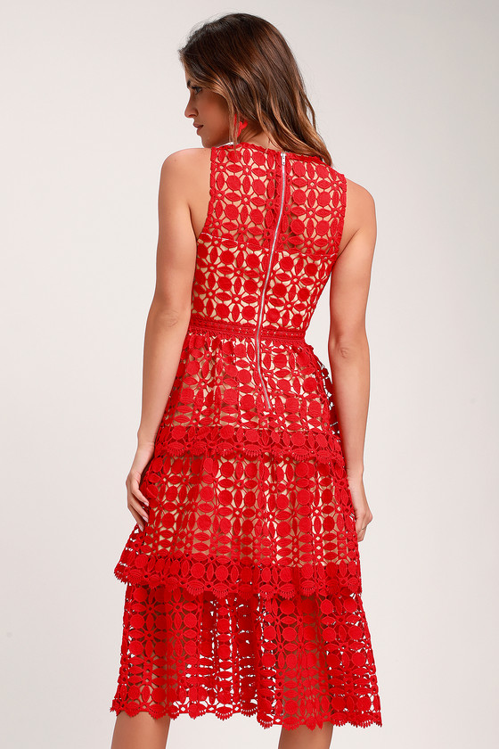 Lovely Red  Dress  Crochet  Lace Dress  Sleeveless Midi Dress 