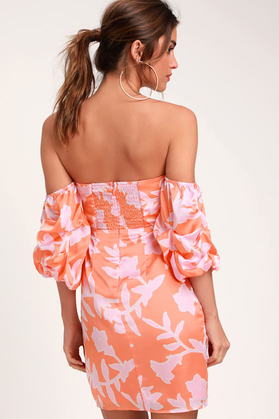 Coral Orange Floral Print Dress - Off 