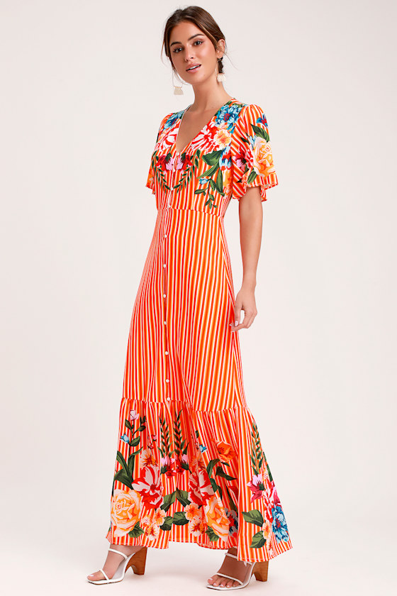 Roam the Riviera Orange Multi Striped Button-Up Maxi Dress 5