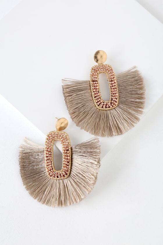 Margarite Tan Beaded Fringe Earrings 1