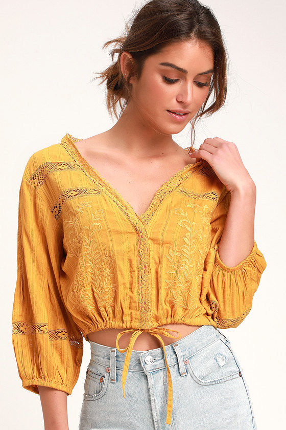 Free People Follow Your Heart - Yellow Embroidered Crop Top - Lulus
