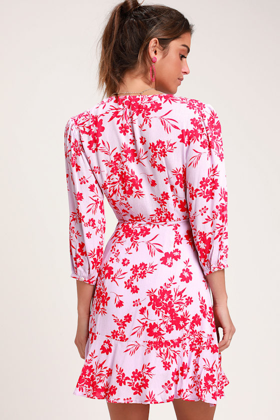 Cute Light Pink Dress Floral Print Dress Mini Wrap Dress