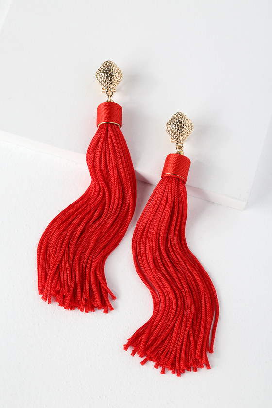 Red Tassel Earrings with Silver Accents