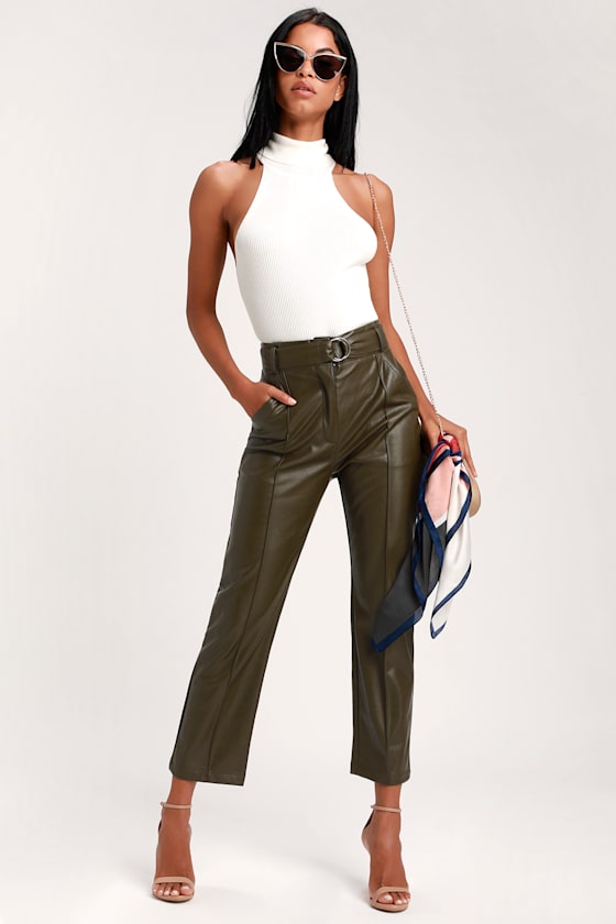 Cute Olive Green Pants Vegan Leather Pants Belted Pants Lulus
