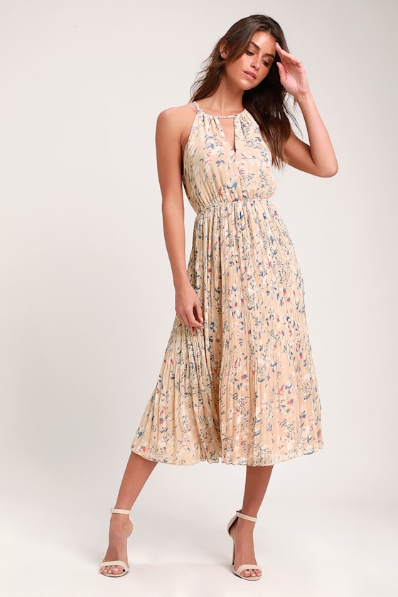 Cute Beige Floral Print Dress - Midi Dress - Pleated Dress