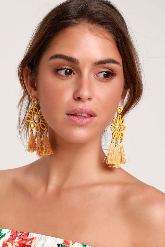 Beckon and On Mustard Yellow Beaded Tassel Earrings 1
