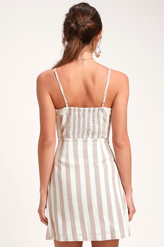On the Pier Tan and White Striped Button Front Mini Dress 1