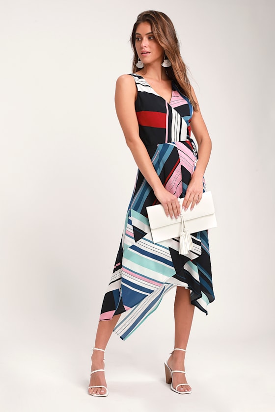 Laney Navy Blue Multi Striped Wrap Midi Dress 1