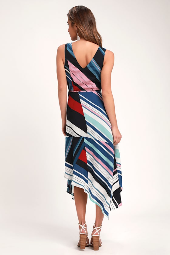Laney Navy Blue Multi Striped Wrap Midi Dress 2