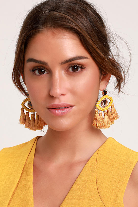 Mustard Yellow Earrings Eye Earrings Yellow Tassel Earrings Lulus