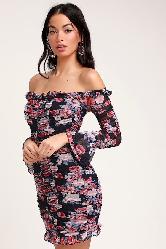 Ruche Hour Navy Blue Floral Print Ruched Off-the-Shoulder Dress 3