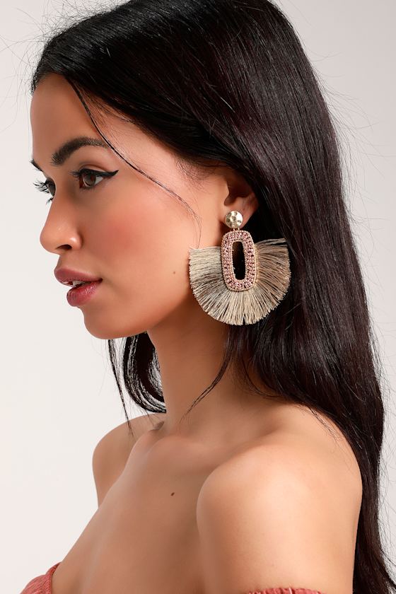 Margarite Tan Beaded Fringe Earrings 1