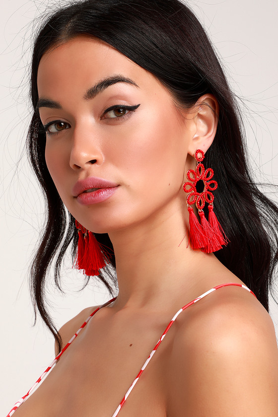 Pretty Red Earrings - Beaded Earrings - Tassel Earrings - Lulus