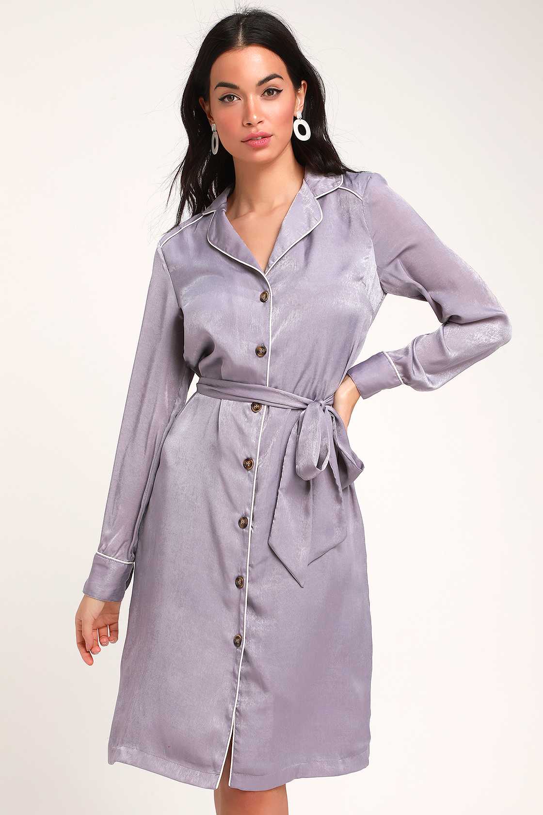 Cute Lavender Shirt Dress Midi Shirt Dress Satin Dress Lulus