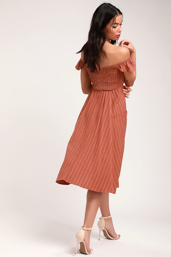 Shady Spot Rusty Rose Striped Off-the-Shoulder Midi Dress 5