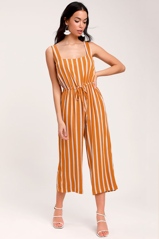 In the Sunshine Burnt Orange and White Striped Culotte Jumpsuit