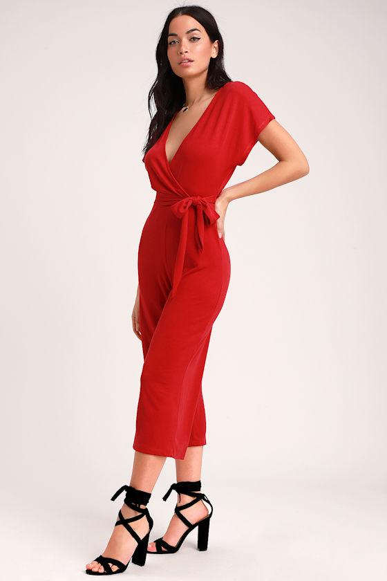 Cute Red Jumpsuit Surplice Jumpsuit Jersey Knit Jumpsuit Lulus