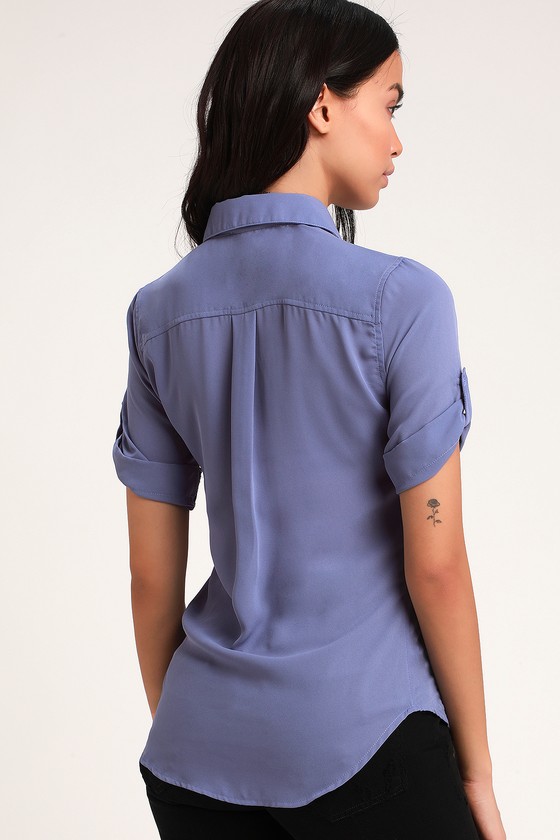 Cute Periwinkle Blue Top - Button-Up Top - Short Sleeve Top