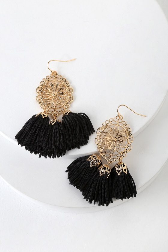 Cute Tassel Earrings - Black Tassel Earrings - Boho Earrings