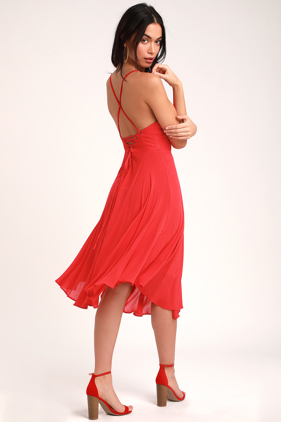 Chic Midi Dress - Red Dress - Lace-Up Dress - Lace-Up Midi Dress