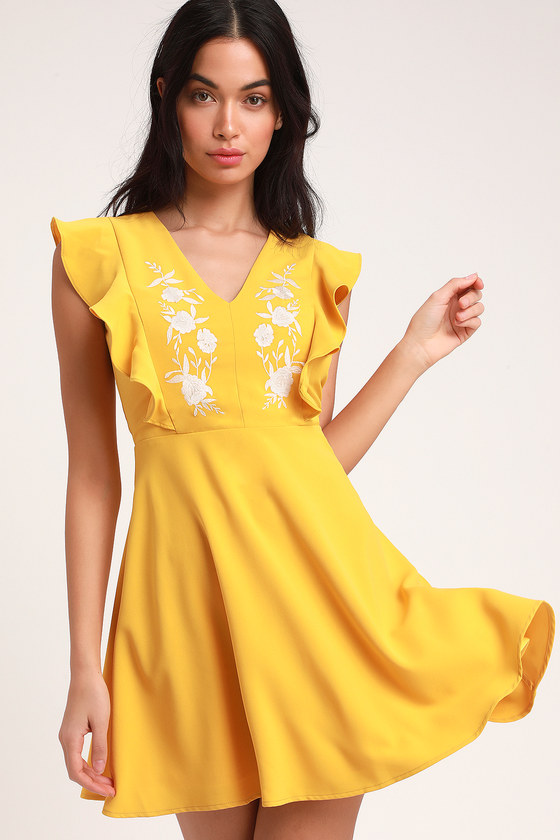 Cute Yellow Dress - Embroidered Dress - Skater Dress - Dress - Lulus