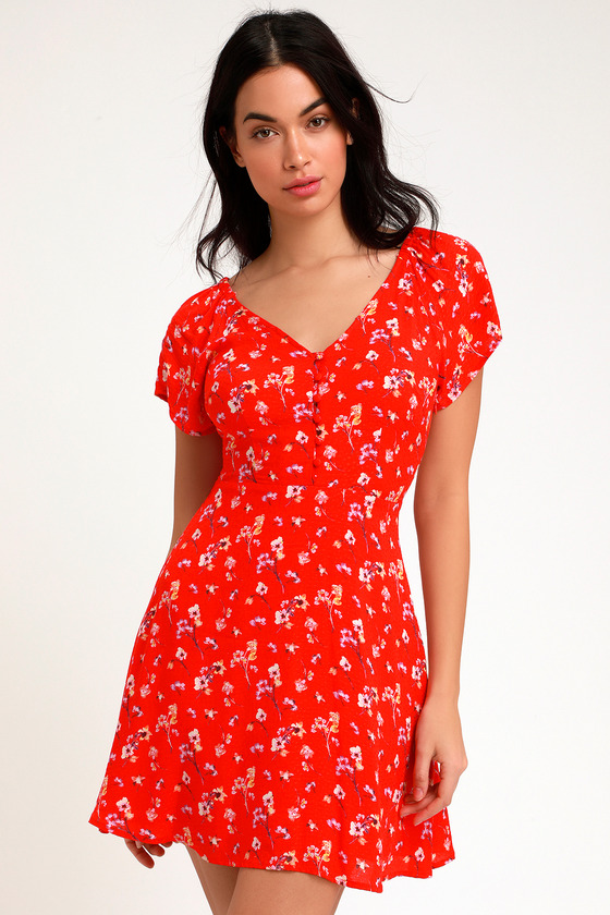 Red Floral Print Dress - Short Sleeve Skater Dress - Skater Dress - Lulus