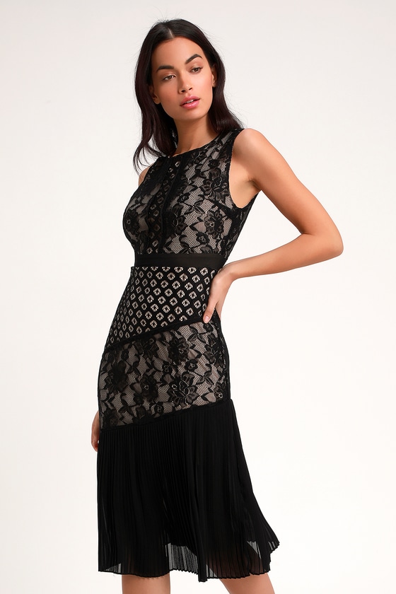 Classic Black Dress - Lace Dress - Midi Dress - Pleated Dress - Lulus