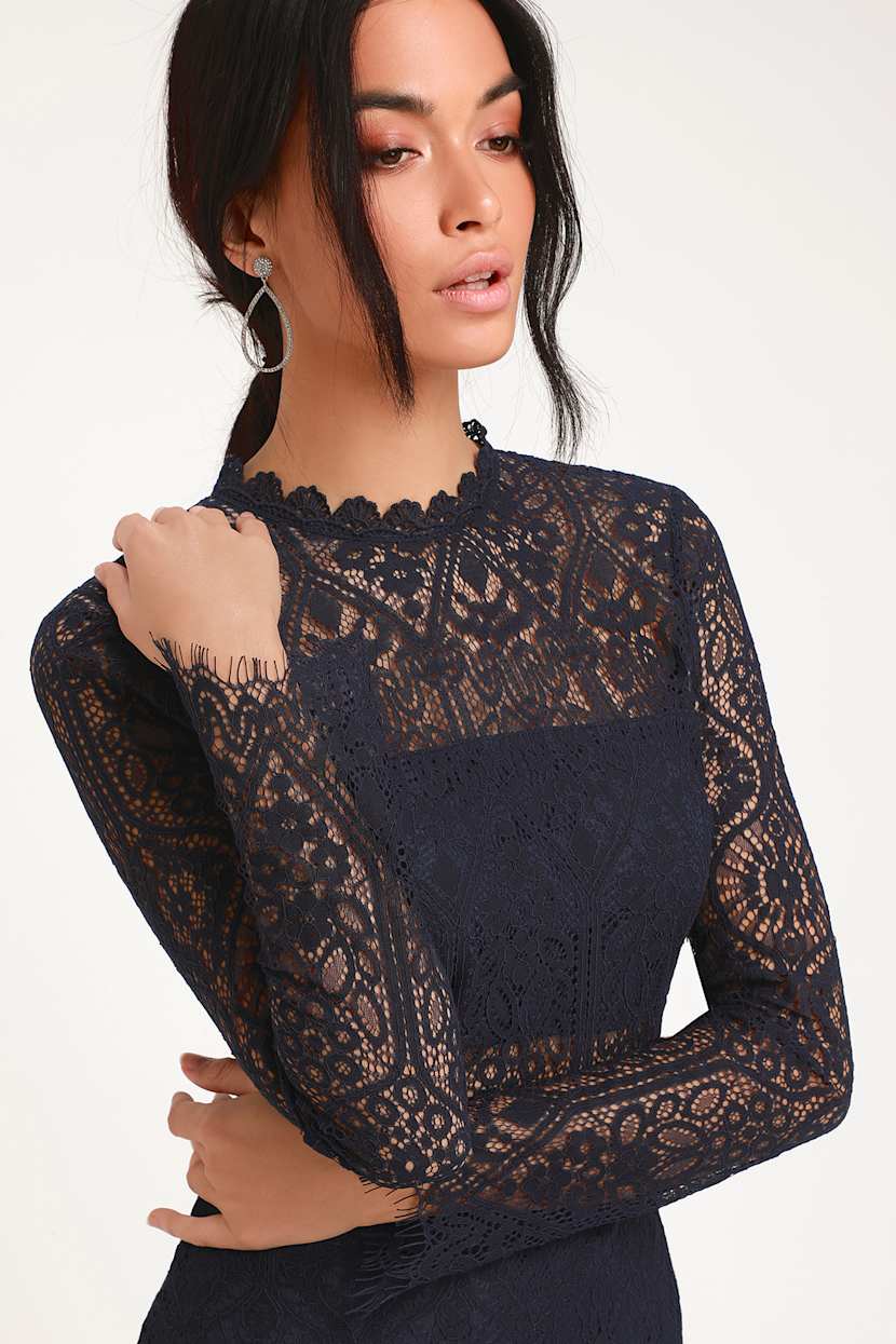 Sexy Navy Blue Dress - Navy Lace Dress - Long Sleeve Lace Dress - Lulus