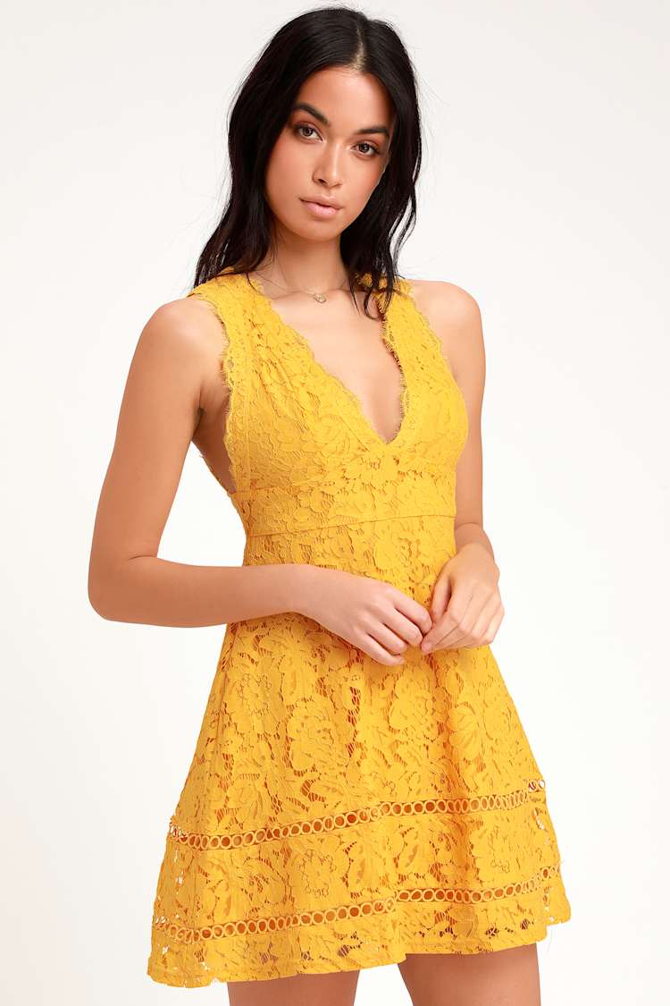 Cute Skater Dress - Lace Skater Dress - Golden Yellow Lace Dress - Lulus